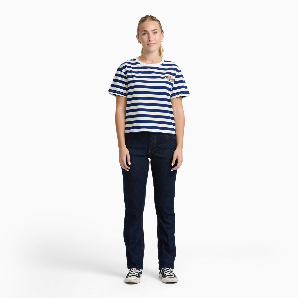 Dickies Junior's Short Sleeve Oversized Stripe Tee - White/Navy (WHN)