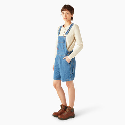 Dickies Women's Relaxed Fit Bib Shortalls, 7" - Stonewashed Medium Blue (MSB)