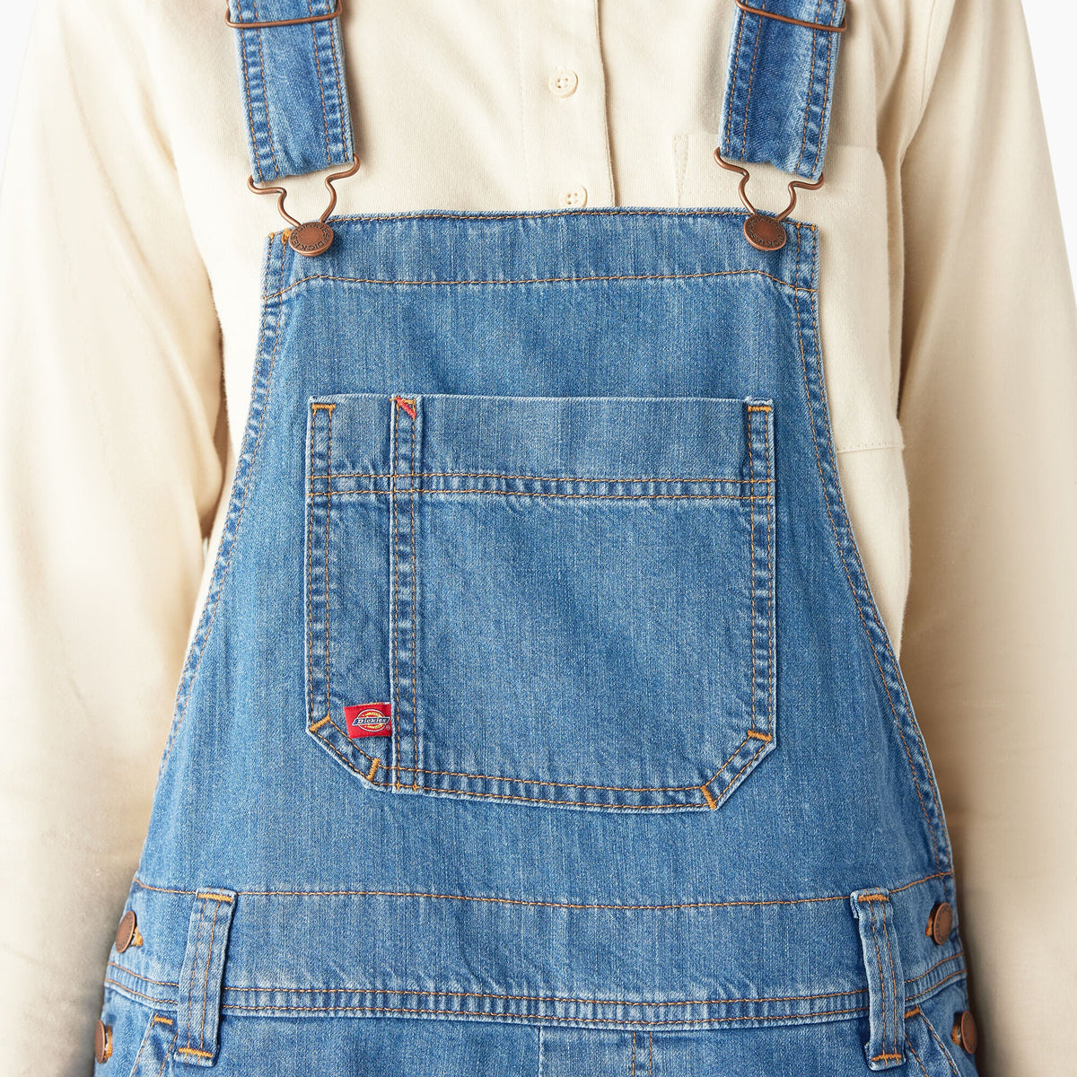 Dickies Women's Relaxed Fit Bib Shortalls, 7" - Stonewashed Medium Blue (MSB)