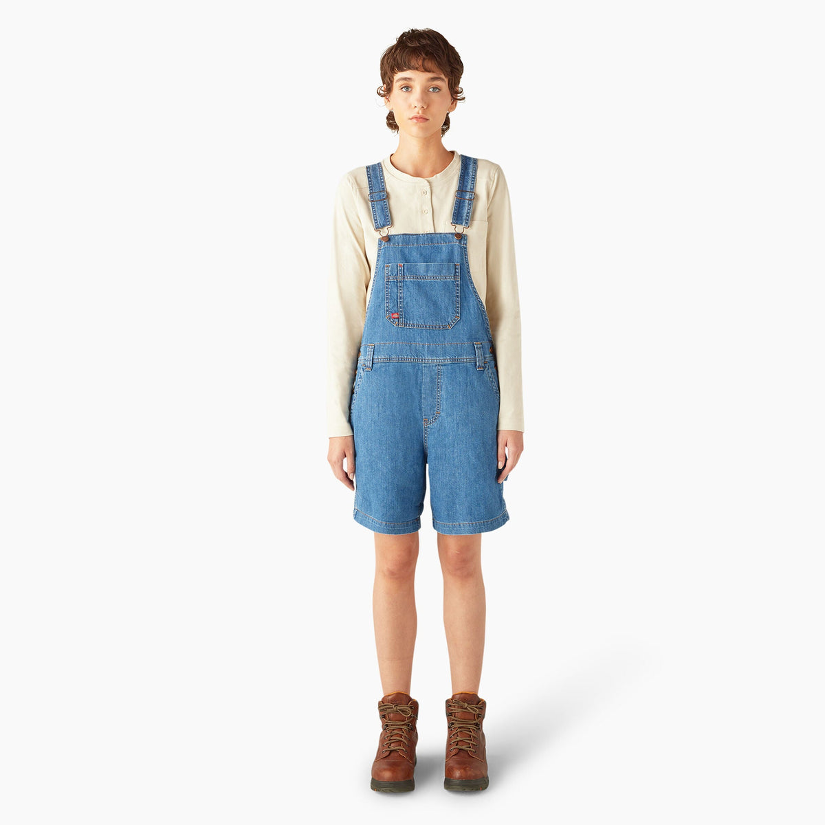 Dickies Women's Relaxed Fit Bib Shortalls, 7" - Stonewashed Medium Blue (MSB)
