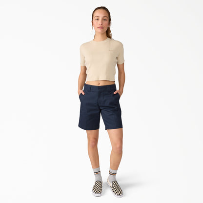 Dickies Women's Super Flex Flat Front Shorts, 9" - Dark Navy (0DN)