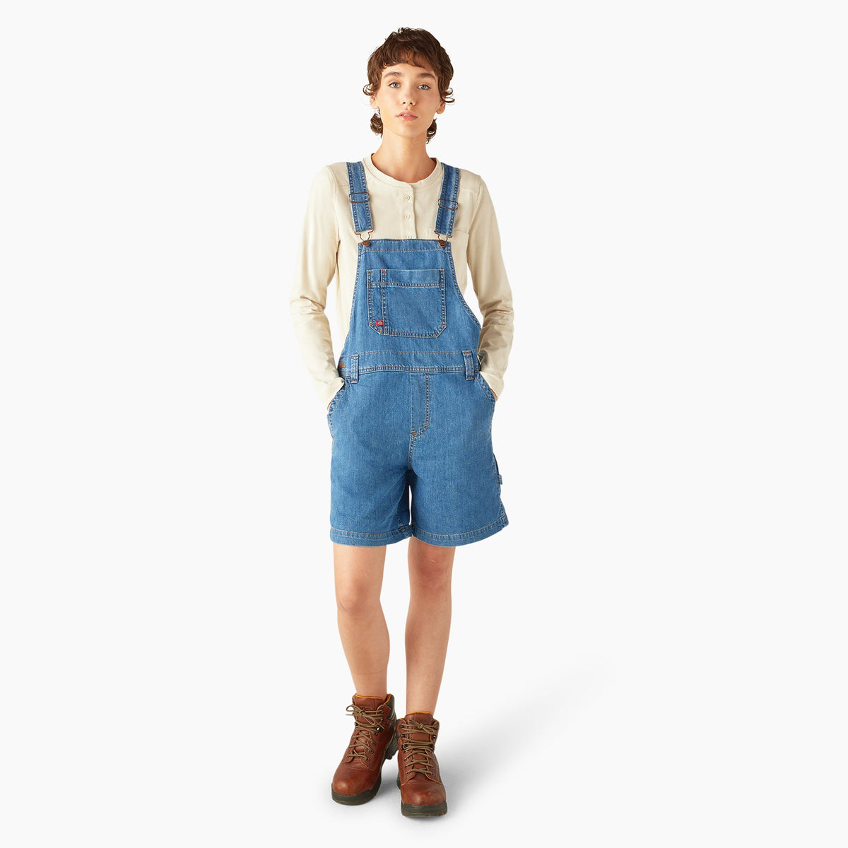 Dickies Women's Relaxed Fit Bib Shortalls, 7" - Stonewashed Medium Blue (MSB)