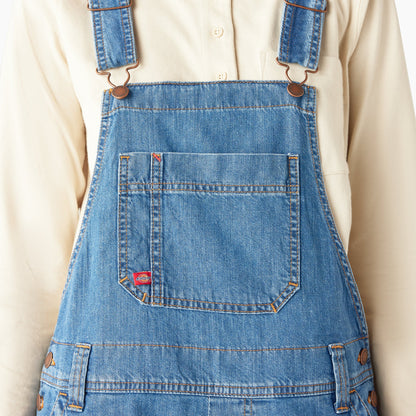 Dickies Women's Relaxed Fit Bib Shortalls, 7" - Stonewashed Medium Blue (MSB)