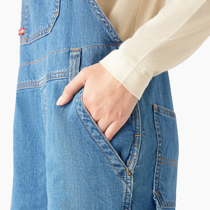 Dickies Women's Relaxed Fit Bib Shortalls, 7" - Stonewashed Medium Blue (MSB)