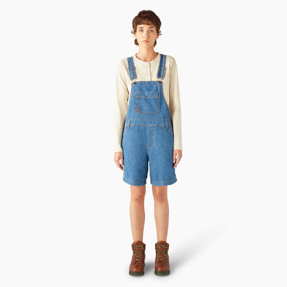 Dickies Women's Relaxed Fit Bib Shortalls, 7" - Stonewashed Medium Blue (MSB)