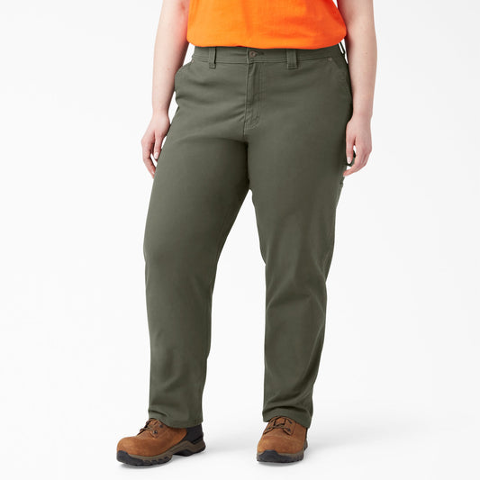 Dickies Women's Plus FLEX Relaxed Straight Fit Duck Carpenter Pants - Rinsed Moss Green (RMS)